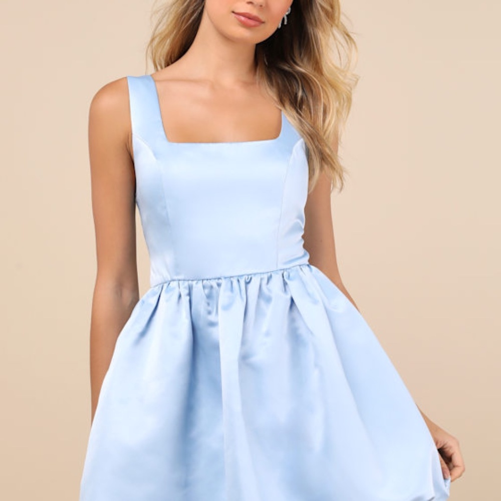 Lulus Regal Cutie Light Blue Satin Square Neck Bubble-hem Mini Dress - Size S